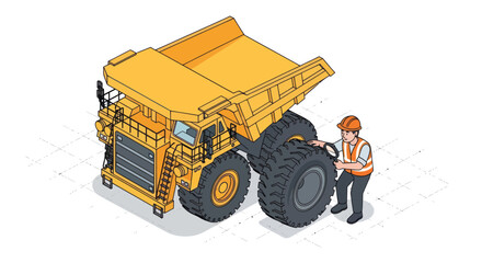 Isometric illustration of a worker next to a large mining dump truck. © Mukhamad