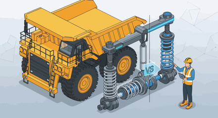 Isometric illustration of a mining dump truck maintenance. © Mukhamad