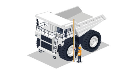 Isometric View of a Giant Mining Dump Truck and Worker. © Mukhamad