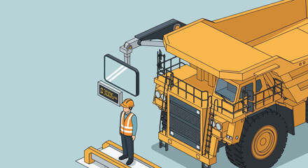 Isometric view of a worker inspecting a large mining dump truck. © Mukhamad