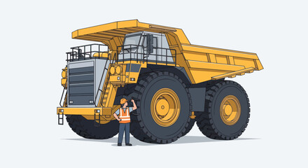 Large Yellow Mining Dump Truck with Worker Inspecting Tire. © Mukhamad