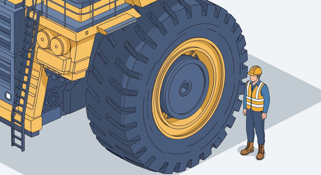 Isometric illustration of a worker standing next to a giant mining truck tire.