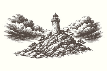 Detailed woodcut style illustration of a lonely lighthouse standing on a jagged rocky island under dramatic clouds for maritime and nautical themes. © Chairul