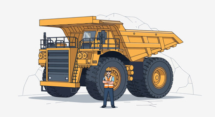 Massive yellow mining dump truck with a worker standing in front of it. © Mukhamad