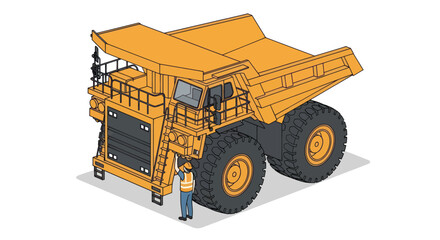 Massive yellow mining dump truck with a worker standing next to it. © Mukhamad