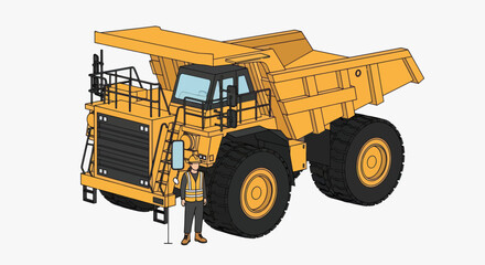 Massive Yellow Mining Dump Truck with Worker Standing Next to It. © Mukhamad