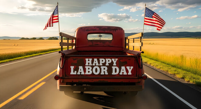 Vintage red truck driving down a road with american flags on labor day