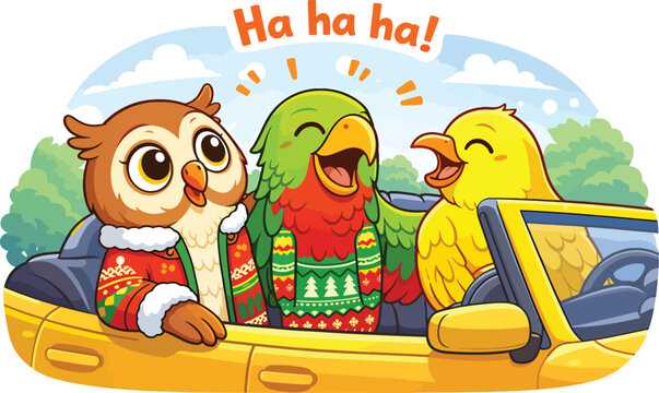 Cute Owl Parrot and Chick Riding in Car Laughing &ndash; Funny Bird Friends Cartoon Illustration, Happy Animal Mascot Characters, Kids Sticker Style Vector Isolated on White Background