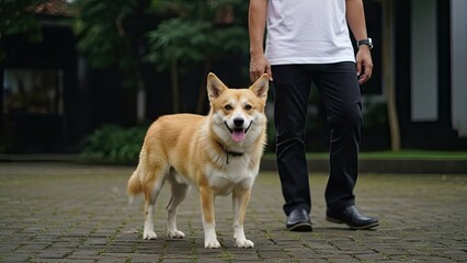 Dog standing beside person outdoor pavement portrait friendly expression