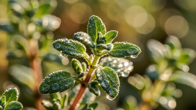 Close up of leafy green plant with water droplets illuminated by sunlight