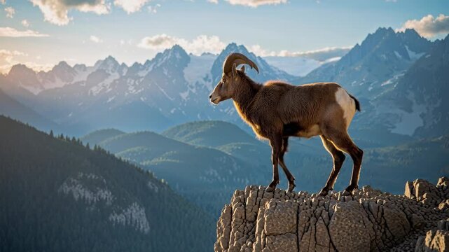 Stepping after alert stance, horned alpine ibex descending rock ledges at ridge, surveying valley