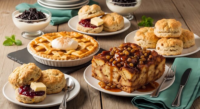 A Delicious Spread of Baked Goods Pies, Scones, and Bread Pudding