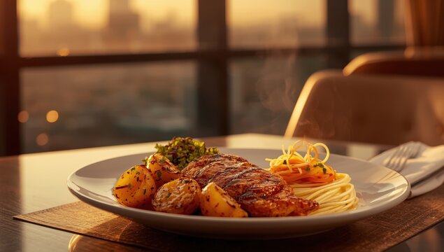 Jakarta, January 20, 2025; grilled chicken with sambal, terasi, spaghetti, and potatoes