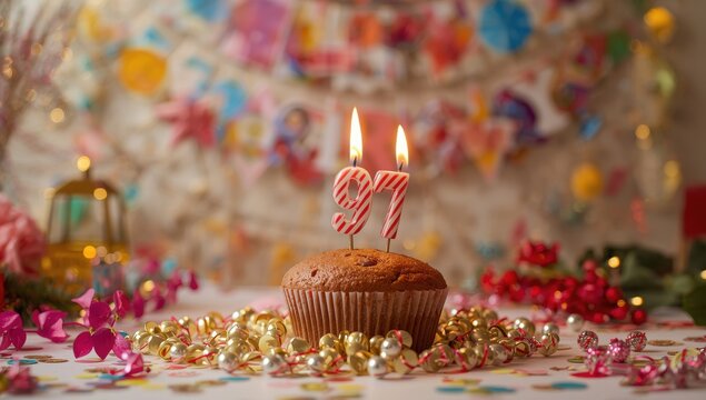 Joyful birthday card design featuring muffin garlands and candles for the 97th celebration