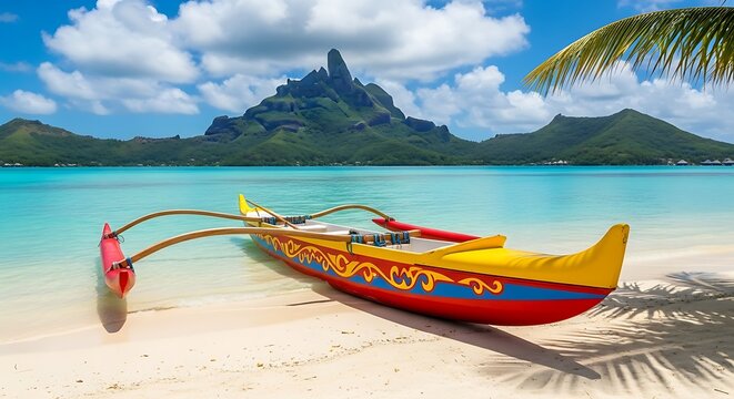 Outrigger canoe rests on a sandy beach with turquoise water and mountains.