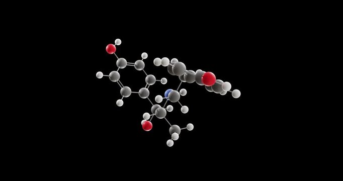 Ritodrine molecule, rotating 3D model of uterine relaxant, looped video on a black background
