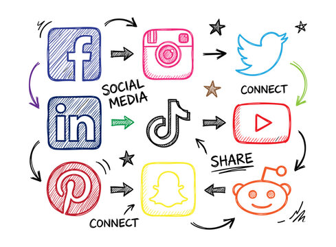 hand drawn doodle Social Media Icon Set &ndash; Instagram, TikTok, Facebook, LinkedIn, Pinterest, YouTube, Snapchat