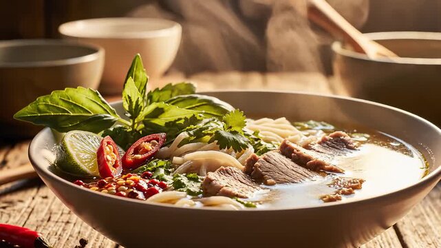 Steaming Bowl of Vietnamese Pho Soup With Beef, Noodles, Herbs, and Chili on Rustic Wooden Table