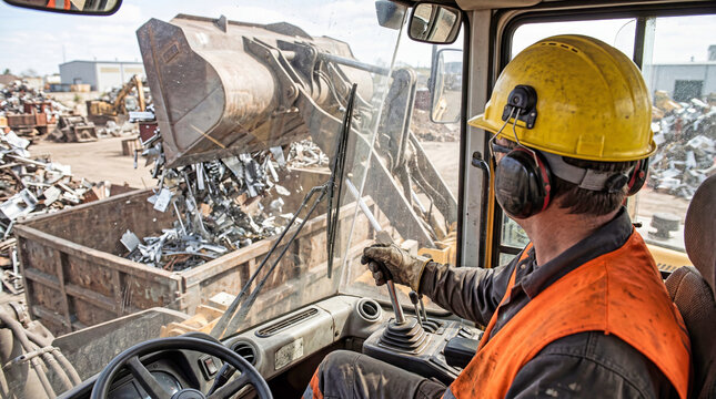 Factory loader operating heavy machinery to move scrap metal at recycling yard