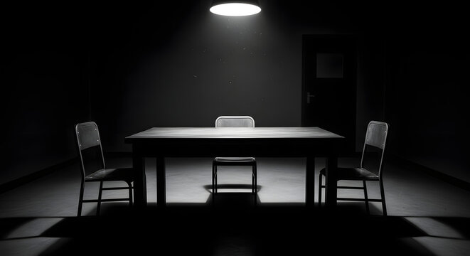 Interrogation room with table and chairs under spotlight