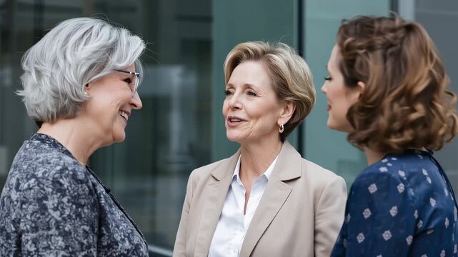 Laughing center woman in blazer replying after left woman leaning, smiling with glasses at office
