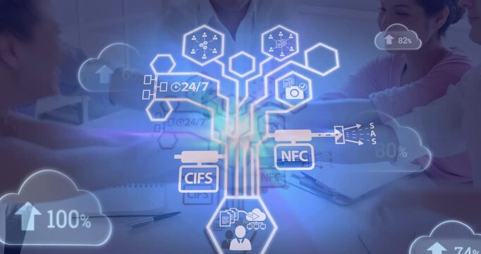 Network of digital icons against group of diverse office colleagues stacking their hands together
