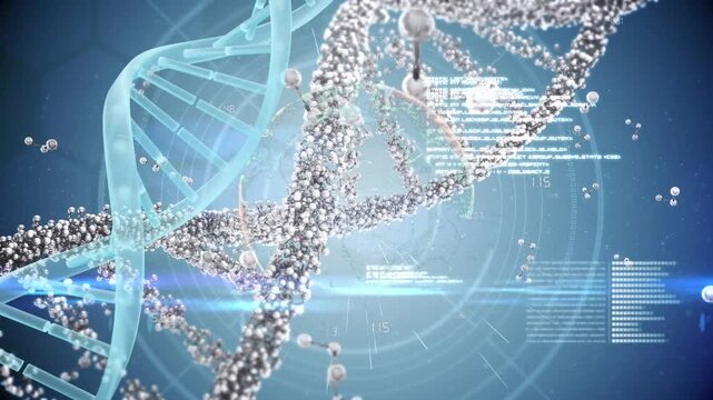Animation of dna and data processing on blue background