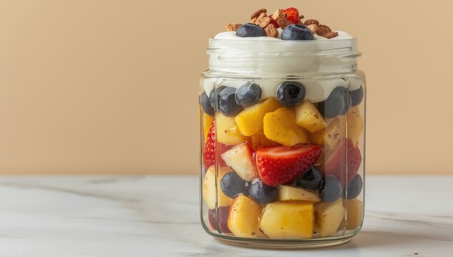 Containers of diced fruit salad: mango, apple, grapes, blueberries, strawberries, and yogurt. Plant-based and nutritious