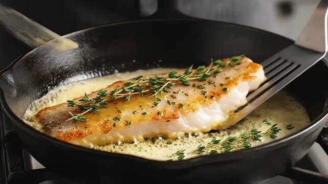 Cooking fish preparation in skillet close up food photography