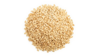 Dry rolled oats stacked on a white background, viewed from above, healthy breakfast option