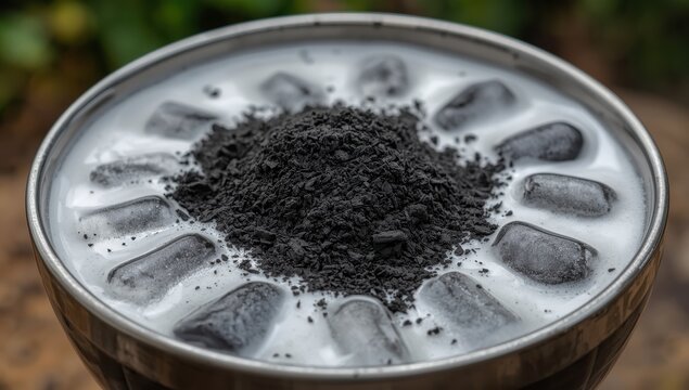 Dawet Ireng, a famous Central Java drink, consists of rice flour, charcoal, coconut milk, and palm sugar, served cold in a bowl with ice