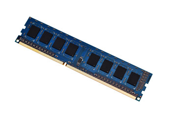 Blue DDR3 RAM memory module with visible microchips close up