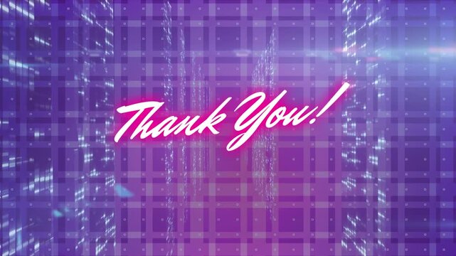 Animation of thank you text in pink neon with red kaleidoscope shapes on purple pattern background