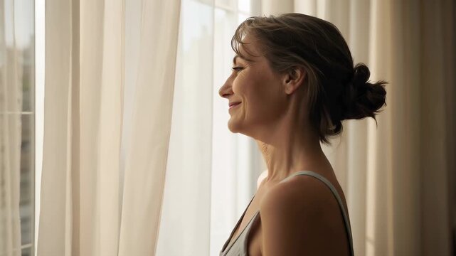 Smiling woman inhaling warm light at home beside big window, breeze lifting sheer curtain, camisole