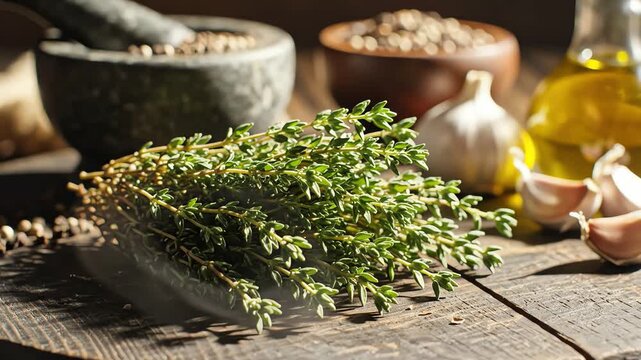 Culinary herbs and spices on rustic wooden table