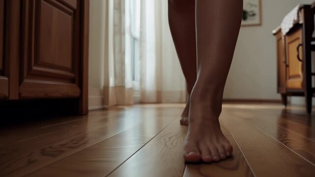 Vertical video: Shifting barefoot woman lifting foot rolling heel-to-toe on hardwood floor at home