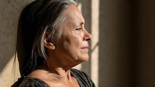 Opening eyes, senior woman leaning on plaster wall, squinting as sunlight crossing window shadows