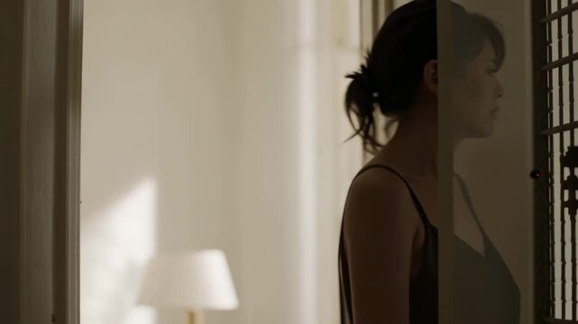 Raising head with frames advancing, Asian woman in sleeveless dress stepping into doorway with lamp