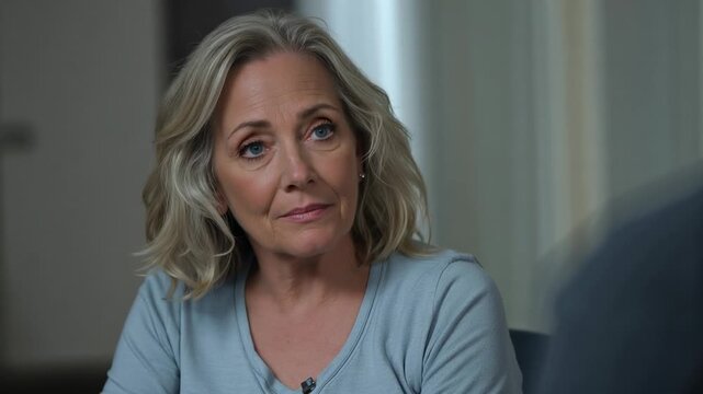 Vertical video: Senior female speaker answering offframe interview prompt with mic shifting gaze
