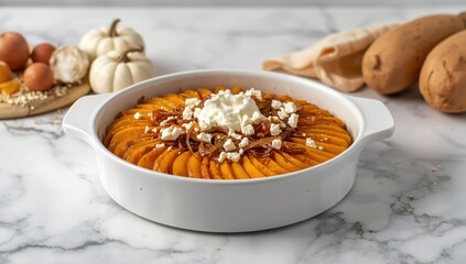 Fototapeta premium Layered potato and pumpkin casserole in a white dish on marble, with raw ingredients and topped with roasted onions, feta, and whipped cream, prepared for baking
