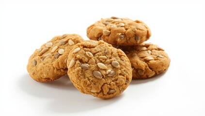Group of homemade pumpkin seed cookies and healthy cereal crackers on white background