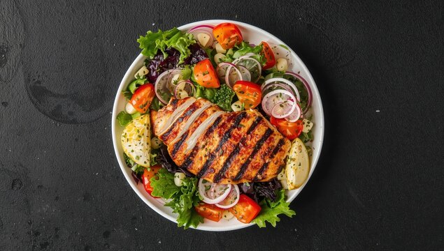 Grilled chicken served with a fresh salad. Keto-friendly, nutritious meal. Overhead perspective on a dark table, leaving room for text