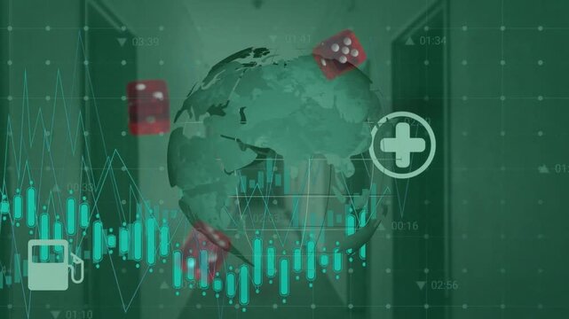 Animation of data processing and globe over dices