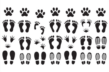 Fototapeta premium Human footprint and animal pawprint icons for trail, path, and navigation graphics