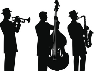 Jazz band musician silhouettes playing trumpet, double bass and saxophone, classic live music performance vector illustration isolated on white background © MdAnowarHossain