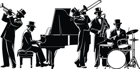 Jazz band musicians silhouettes performing with trumpet, trombone, saxophone, piano and drums, classic live music orchestra stage performance vector illustration set © MdAnowarHossain