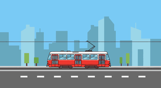 Red Trolleybus on City Roadway.