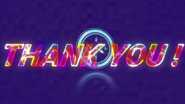 Animation of thank you text over clock on purple background