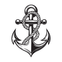 A detailed Black and White Anchor silhouette with Rope, set against a clean white background, perfect for nautical themes and designs. © kazi
