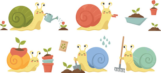 Cute Gardening Snails Cartoon Vector Set with Watering Can Plants Seedlings and Garden Tools for Kids Nature Design © SUMON